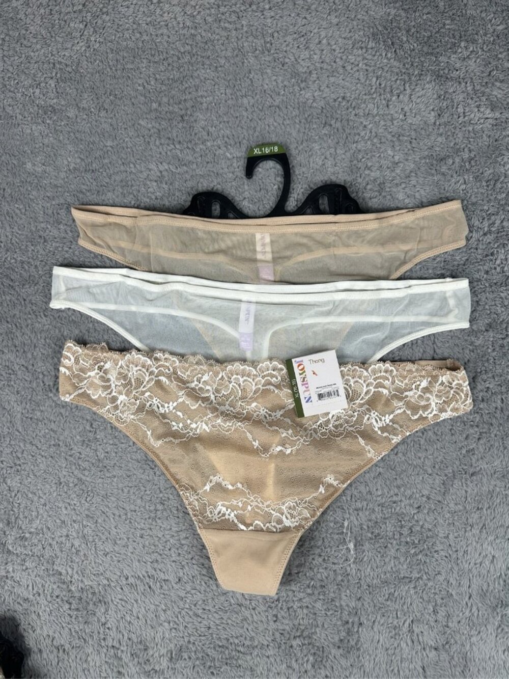 Joyspun Women's Thong Panties XL 16/18 Lace Beige Nude 3 Pack